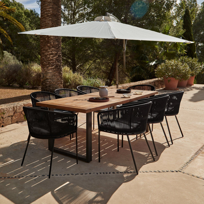 Fabiano Rectangular 8 - Person 235cm Long Dining Set with Cushions and Umbrella, Black with Cream Parasol