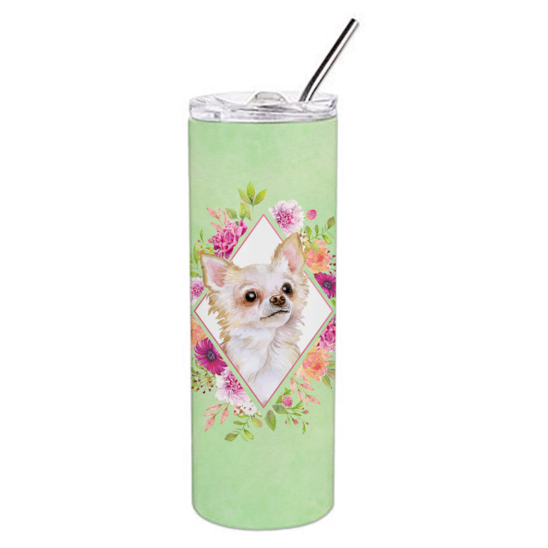 E23BF9F8391D466E9CA4F8DFEBD9A7DB de verre 20 oz à double paroi en acier inoxydable chiot, Beige Long Haired Chihuahua, Vert