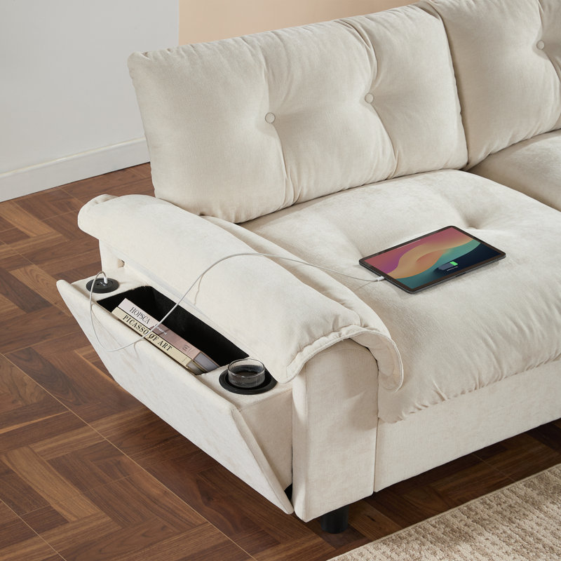 Sectional Sofa, L-Shape with Multifunctional Armrest, Beige