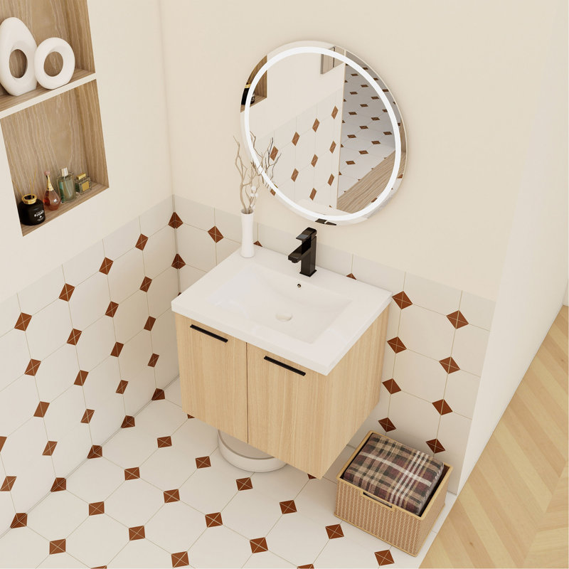 Meuble-lavabo flottant 24 po avec lavabo, armoire en contreplaqué de chêne clair, rangement à double porte mural, avec comptoir en résine (ensemble de 2 pièces)