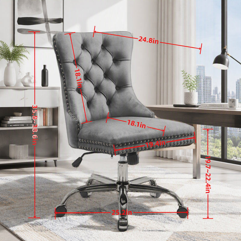 Chaise de bureau pivotante en velours touffetée avec base dorée, Velours gris 24,8 po