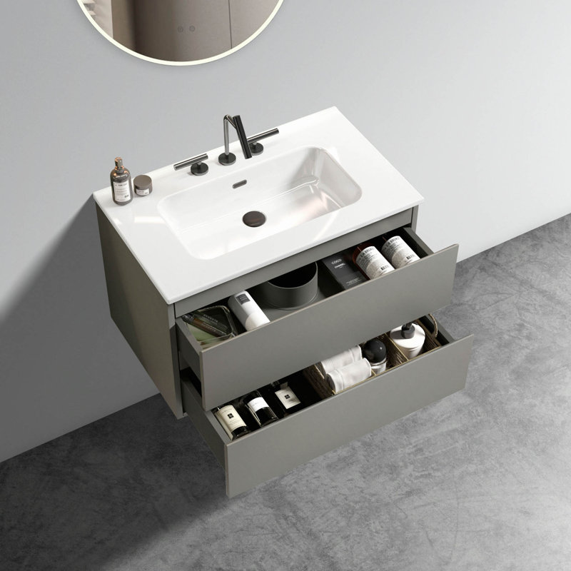 Meuble-lavabo mural gris de 30 po avec lavabo en céramique et trois trous de robinet, grand meuble-lavabo flottant de rangement pour salle de bain moderne, pré-assemblé