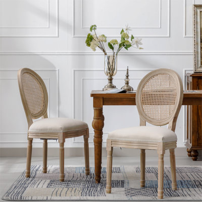 French Style Solid Wood Frame  Linen Fabric Rattan Back Dining Chair,Set Of 2