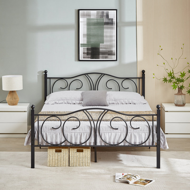 Metal Platform Bed Frame Mattress Foundation with Deluxe Iron-Art Headboard/Footboard, Metal Black, Double (4'6)