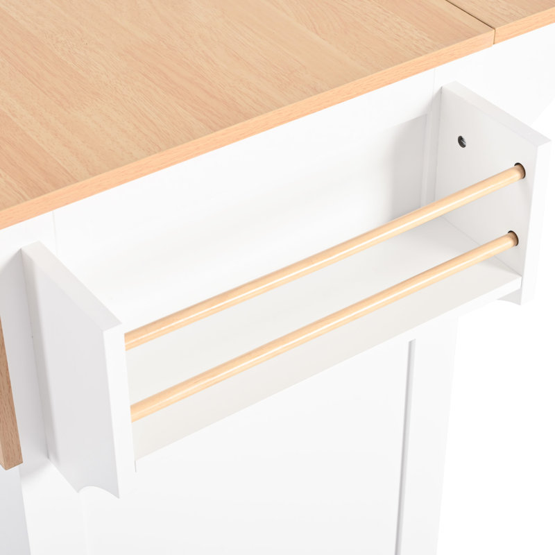 55.7'' Kitchen Island With 2 Folding Leaves, 5 Wheels Mobility, Electrical Outlet, Dining Table, 3 Drawers, White Drop Leaf, 5 Motion, Power Socket, Towel Rack,