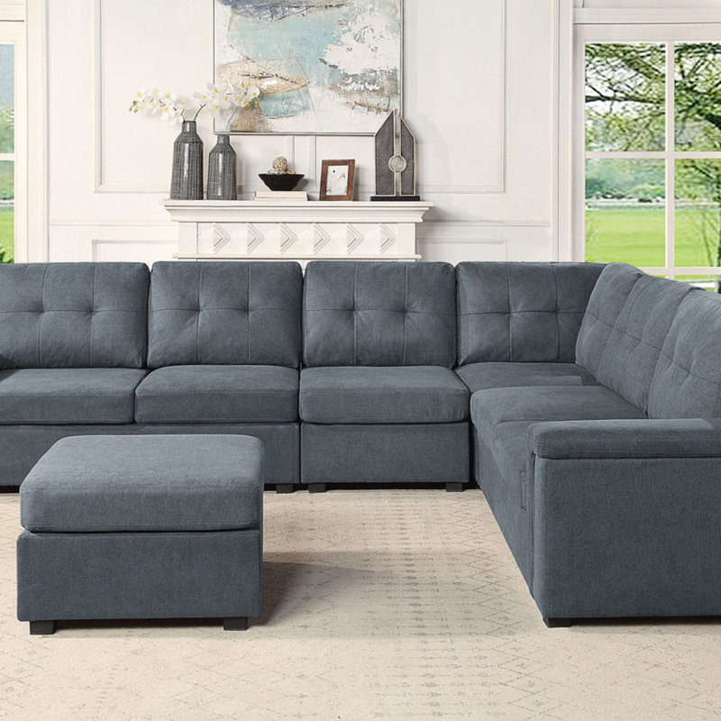 119" Gray Woven Fabric 7-Seater Sectional Sofa With Ottoman