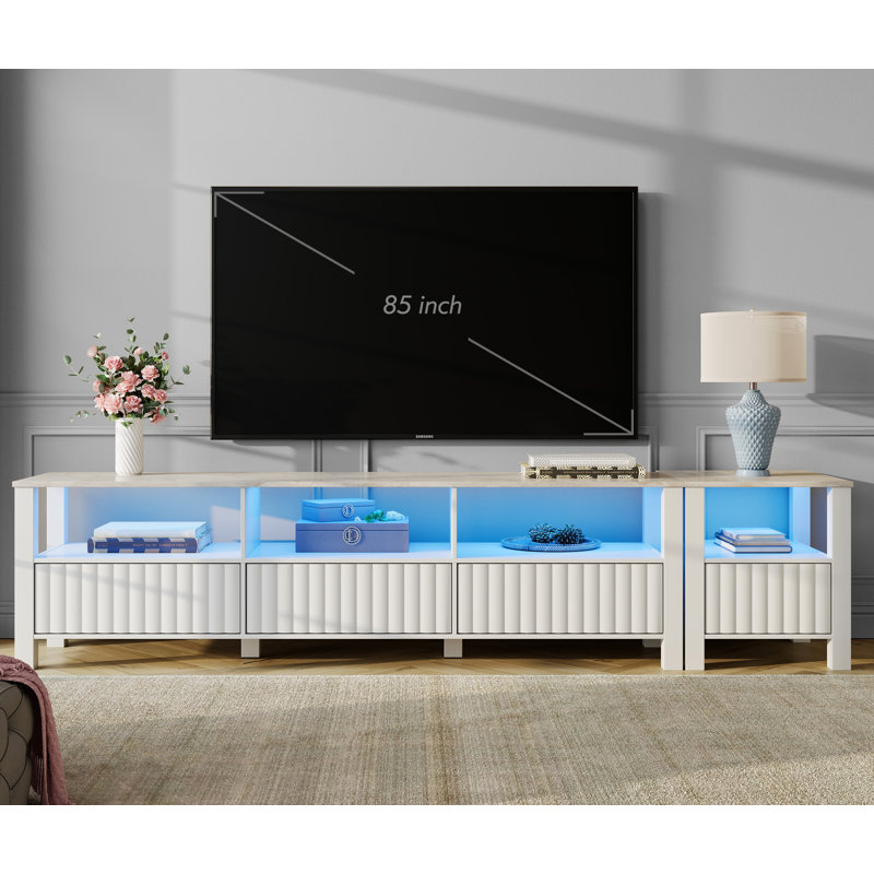 Carnetta Unfinished TV Stand for TVs up to 85" with Fireplace Included, White with Blue LED