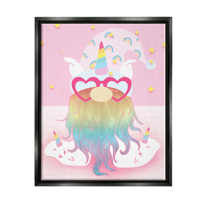 «Fun Unicorn Gnome Pink Rainbow» par Lil 'Rue - impression, Cadre flottant noir de jais, H 21 po x l 17 po x P 1,7 po