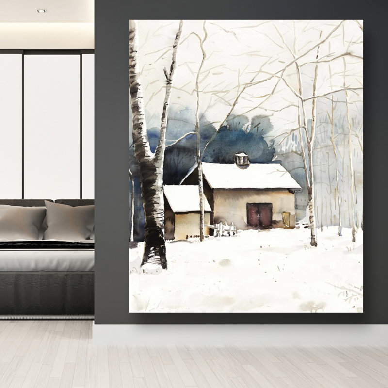 Small Winter Barn - White Rustic Canvas for Home Decor