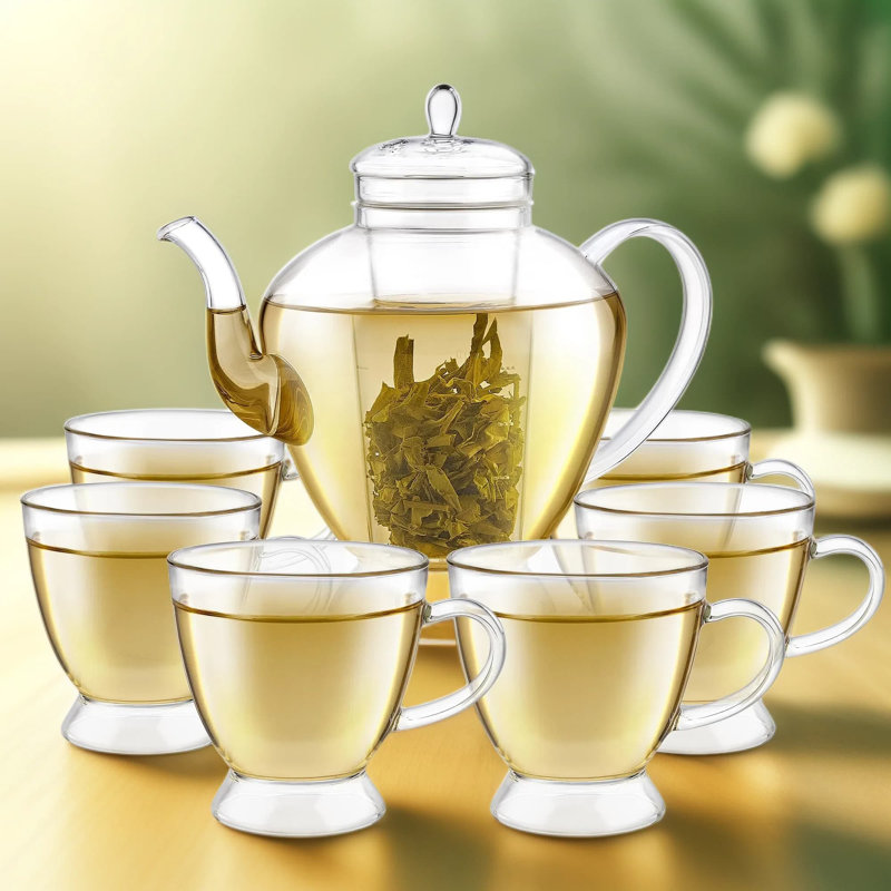 Service à thé en verre Borosilicate pour 6 avec infuseur: théière 50 oz et 6 tasses - pur, durable et lavable au lave-vaisselle pour le thé en feuilles