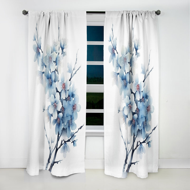 Bleu et blanc cerisier en fleurs saphir - rideau cerise - rideau occultant floral - 1 panneaux, L 52 po x L 84 po