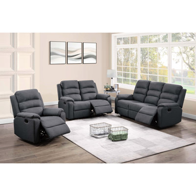 Contemporary 3 Living Room Ensemble - , , Recliner, Dark Gray Burlap Fabric, Padded , Vertical Tufting, Cushion Back