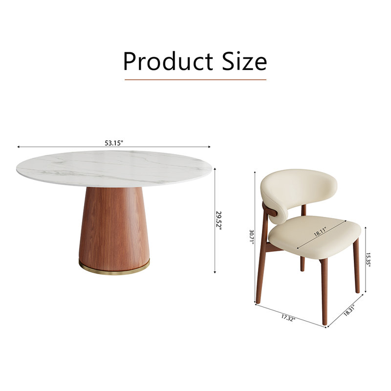 7 - Piece Round Stone Dining Table Set Solid Wood Pedestal (1 Table 6 Chairs), White, 29.52" H x 53.15" W x 53.15" D