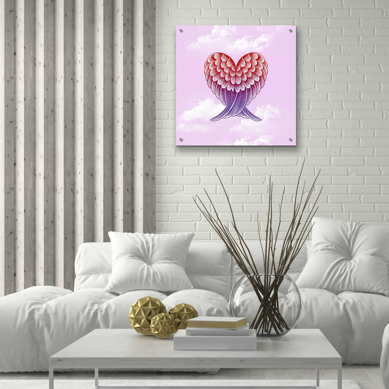 «Heart Wings Pink Sky» par Rachel Caldwell, art mural en verre acrylique, H 24 po x l 24 po x P 0,2 po