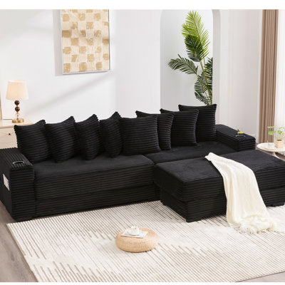 Velours côtelé modulaire en L 107,79 po avec repose-pieds amélioré, porte-gobelets, 8 coussins décoratifs et pochettes à magazines