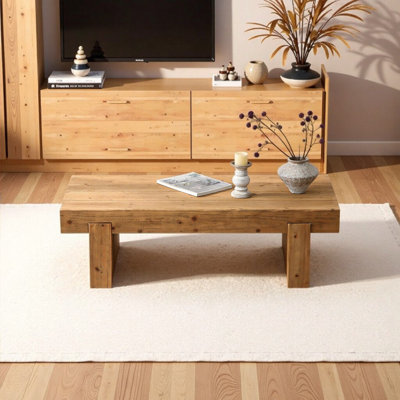 47.6" Farmhouse Solid Wood Coffee Table, Rustic Rectangular Accent Table for Living Room or Home Office, Natural Wood Finish