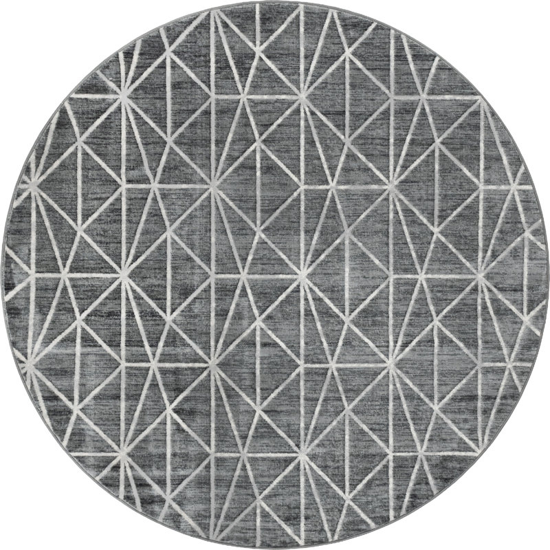 Tapis géométrique gris foncé / ivoire Oceola, Rond 8 pi