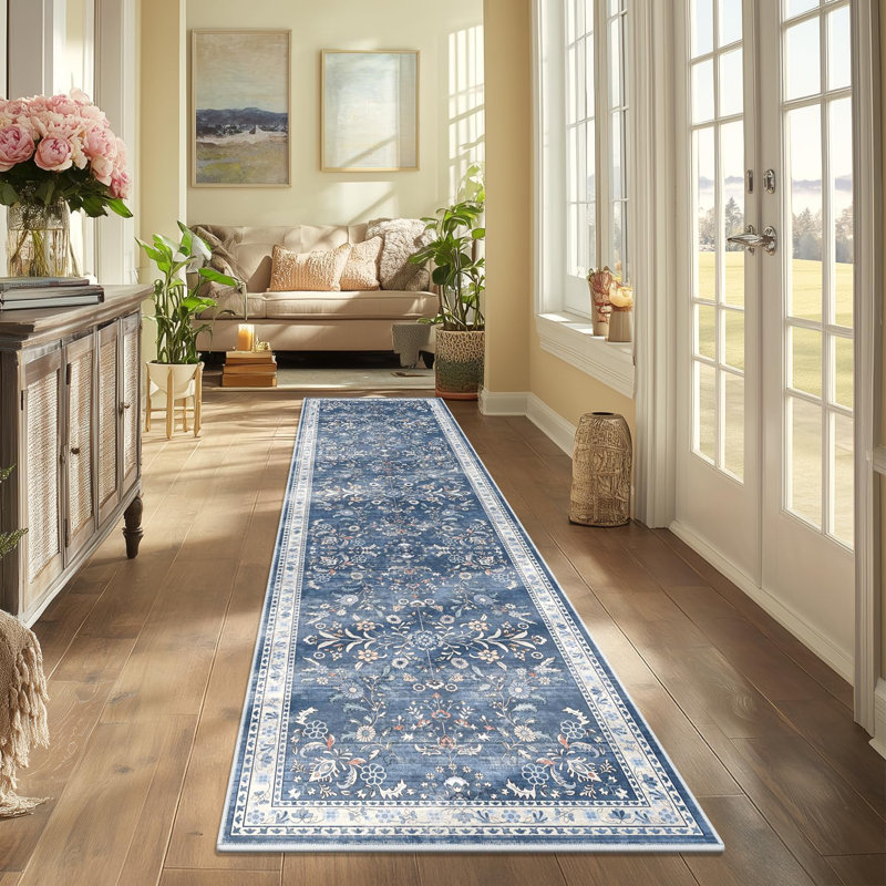 Washable Runner Rug Non Slip Hallway Runner Rug for Kitchen, Laundry, Bedroom, Entrance, Blue, Runner 2' x 8'
