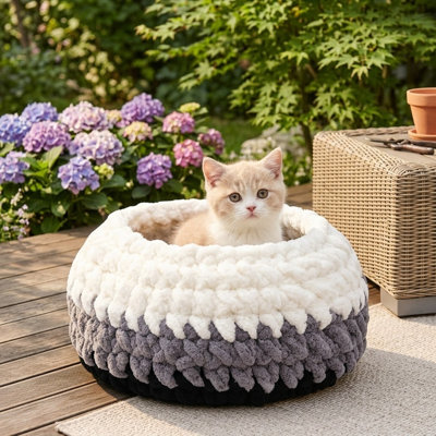Lit-grotte doux pour chat tissé à la main, lit d'intérieur pour chat avec nid rond lavable, chatons et meubles pour chat, blanc et gris