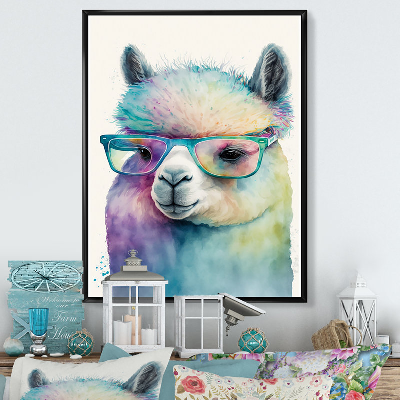 «Cool Alpaca with Sun Sun Watercolor I», reproduction sur toile, L 30 po x H 40 po, Toile avec cadre flottant noir