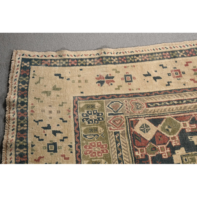 Tapis de couloir beige noué à la main Anatolian pour escalier avec un design turc antique et un look rétro décoratif