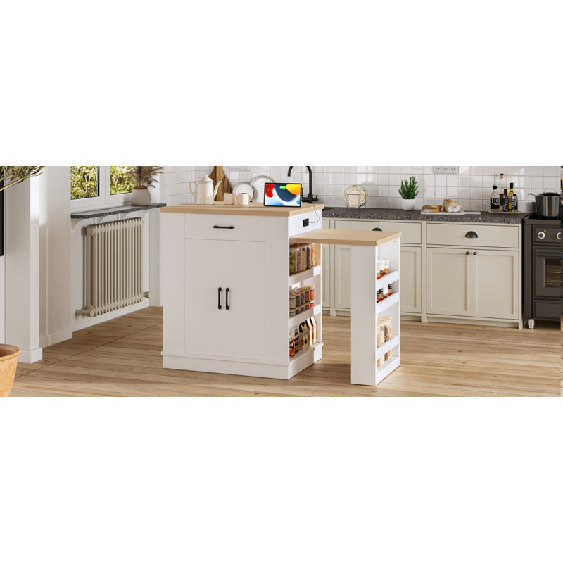 Extendable Island Console With Drawers, Double-Door Cabinet, And Open Shelving. Serves As Dining Table, Temporary Breakfast Bar, And Afternoon Tea Lounge,White