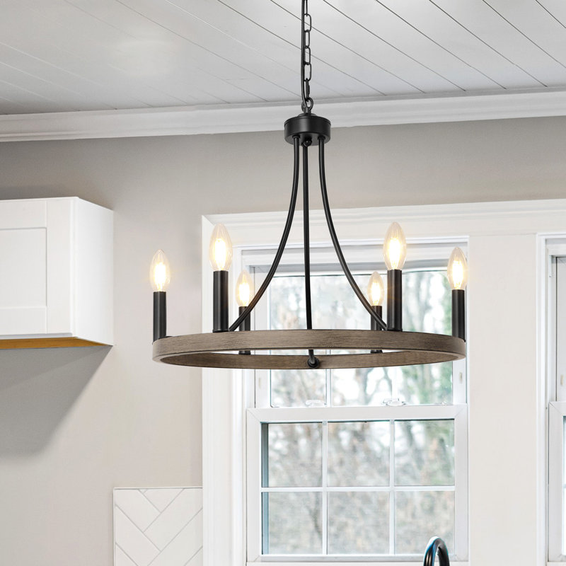 6 - Light Dimmable Wagon Wheel Chandelier, Weathered Wood