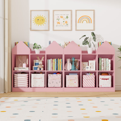 Double bibliothèque pour enfants en forme de maison double, 6 casiers de rangement et rangement ouverts pour salle de jeux et chambre de bébé, rose