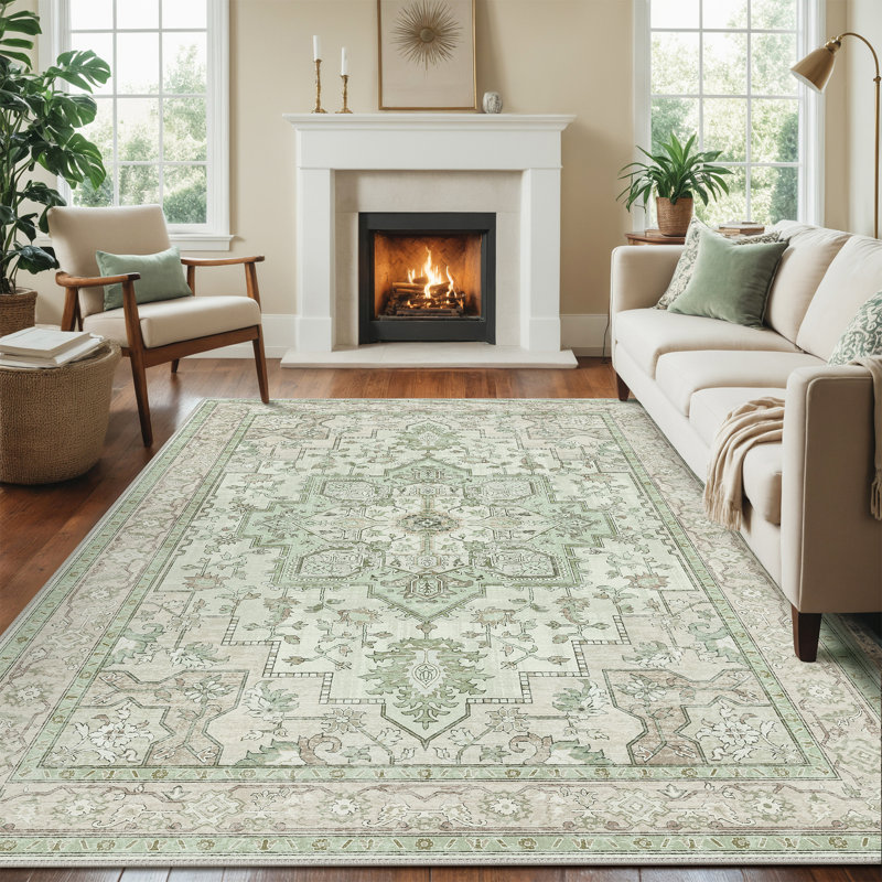 Roehit Oriental Performance Machine Washable Area Rug, Rectangle 5' x 7', Beige/Green