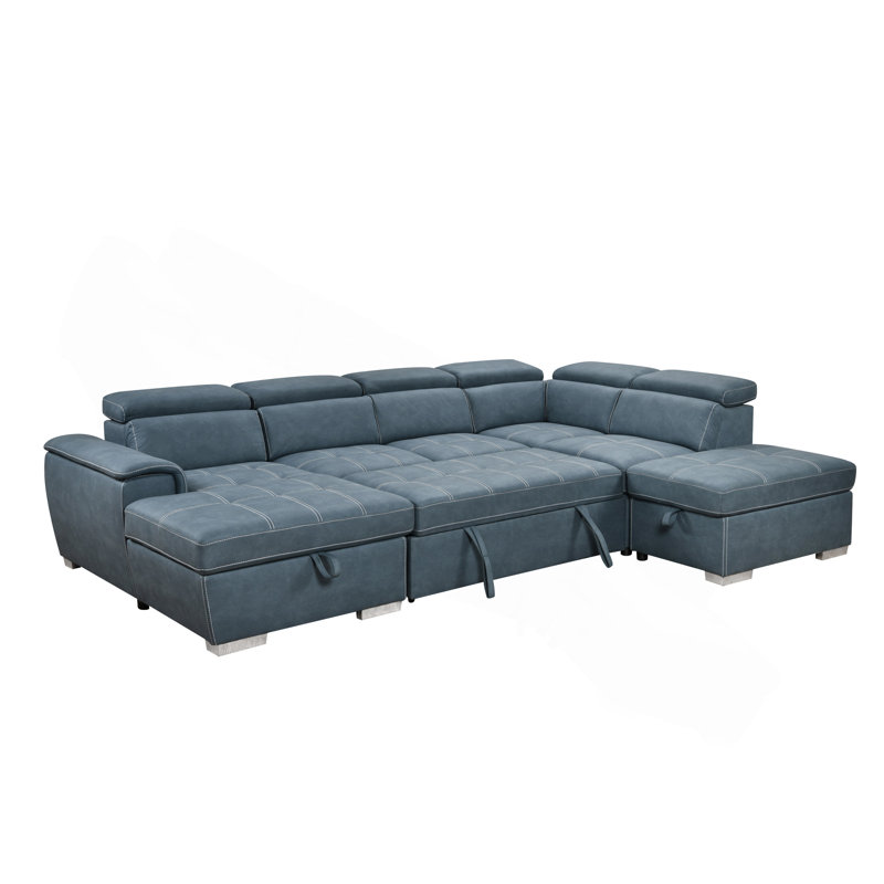 Canapé modulaire en U de 128 po avec repose-pieds et canapé modulaire réversible 7 places avec siège de rangement, ensembles de canapés de salon avec repose-tête réglable, bleu