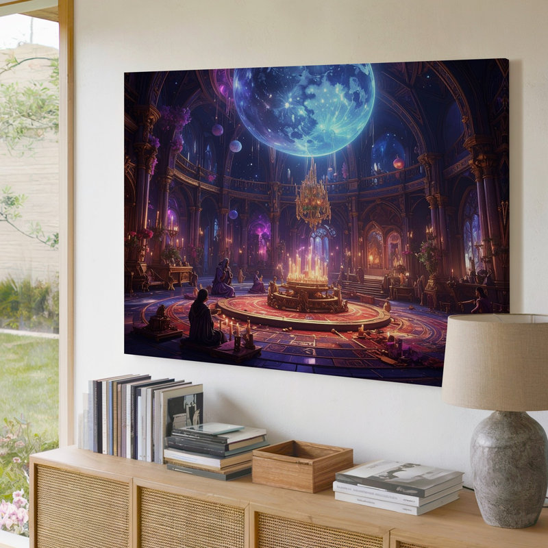 Toile d'art lunaire rassemblant un couloir arcanes avec bougies flottantes et cristaux, H 9 po x l 12 po