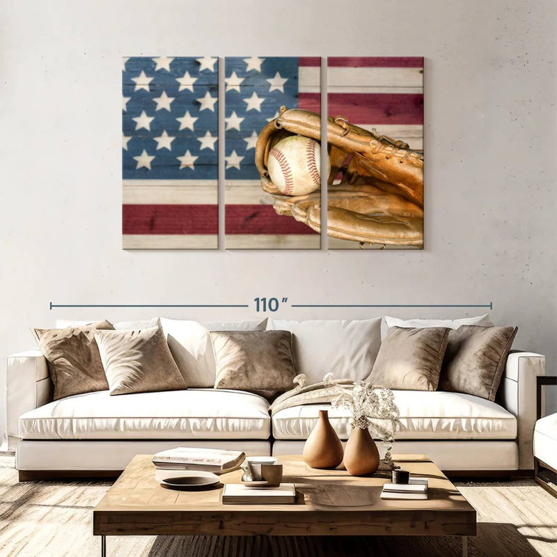 Borges, drapeau américain rétro et baseball, H 48 po x l 74 po
