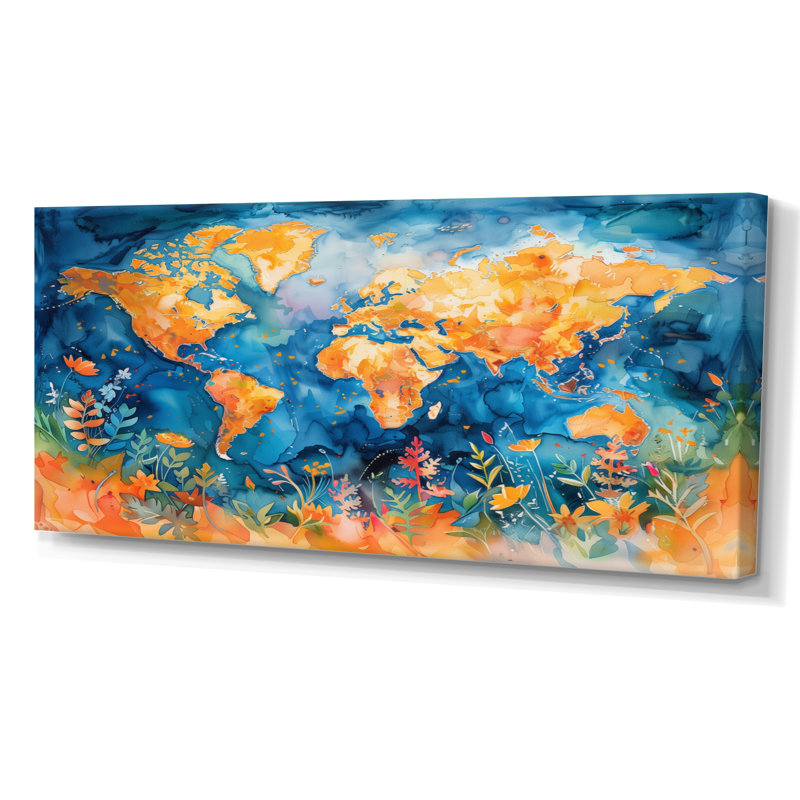 Carte du monde orange et bleue - décoration murale carte du monde, H 28 po x l 60 po x P 1,5 po, Toile tendue