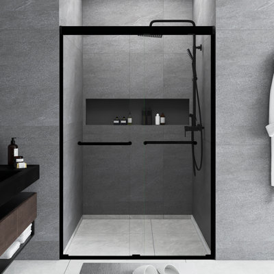 44-48 " W X 72" H Aluminum Frame Double Sliding Shower Door | 1/4 Inch Tempered Glass With Explosion Proof Film | Stainless Steel Handle | Matte Black