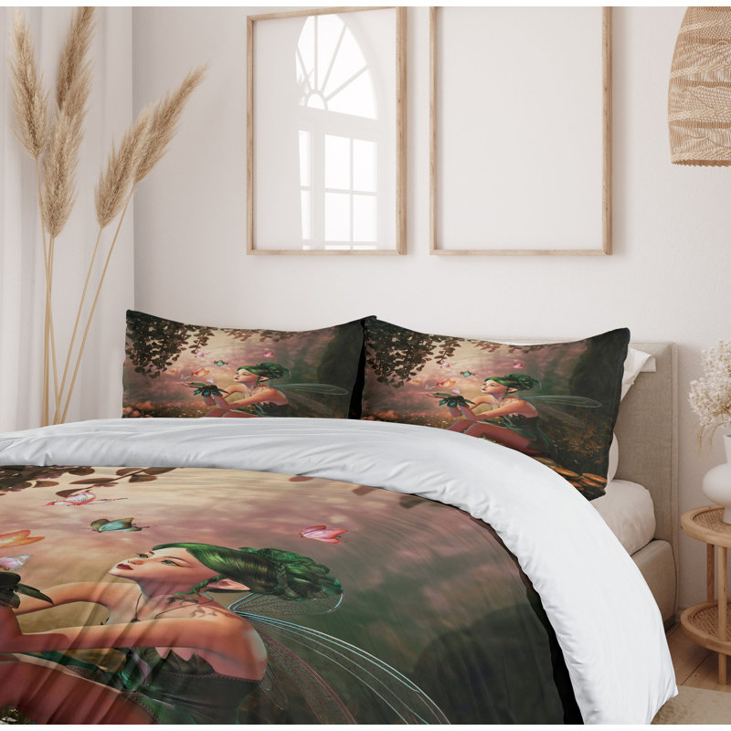 Fairy Tale Green and Salmon Microfiber Queen Duvet Cover Set