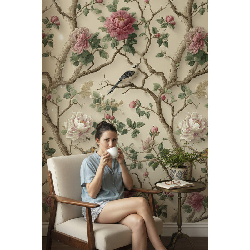 Papier peint floral, oiseaux, décoration murale traditionnelle amovible