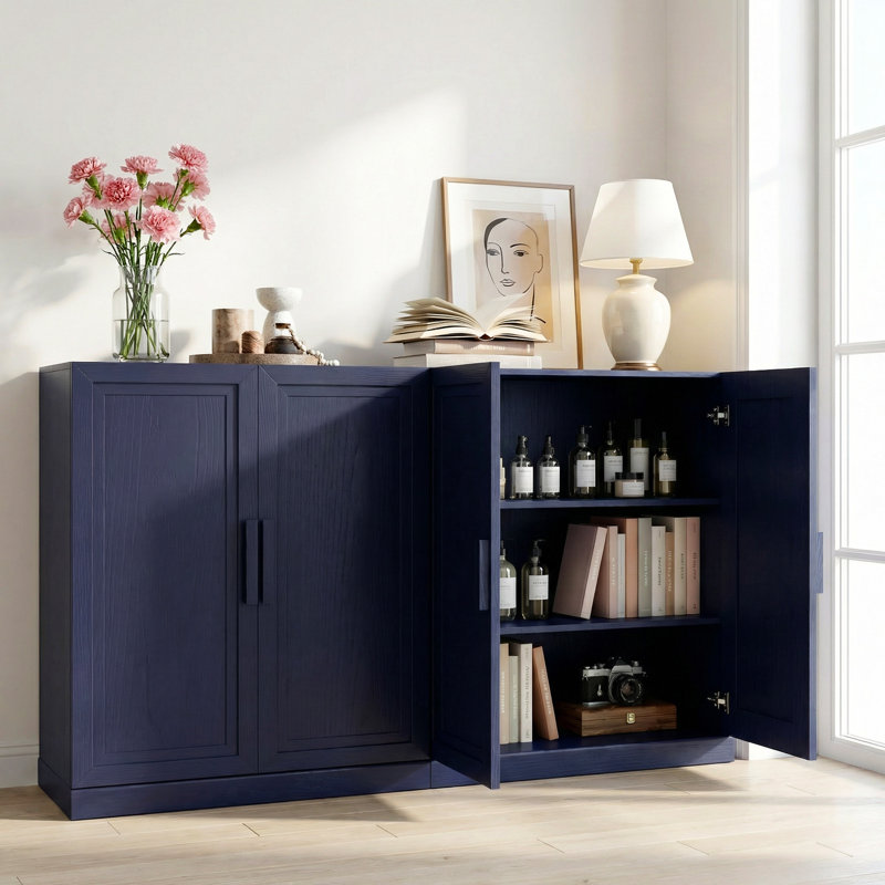Buffet d'appoint moderne avec portes et tablettes réglables, H 36 po x l 62 po x P 16 po, Bleu très foncé