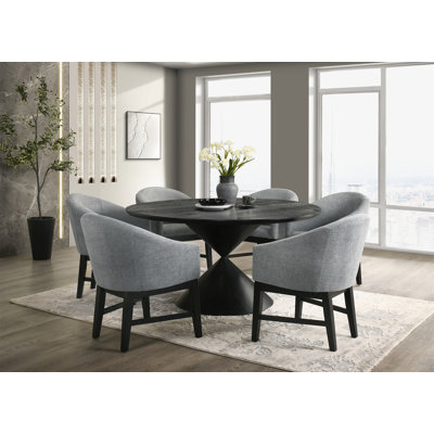 Haven 7Pc 59" Round  Black Pedestal Dining Set with Hourglass Table Base and Gray Barrel Chairs