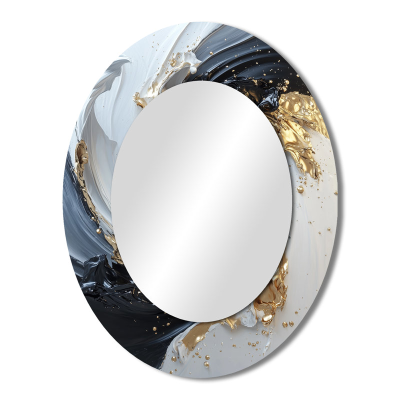 White Black Gold Cosmic Whirlpool III - Large Oval Wall Mirror On Metal, 43" x 33"