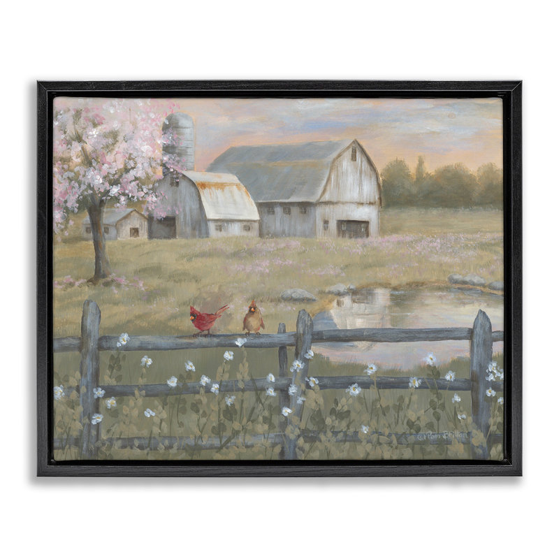 Blossoming Trees Country Farm, H 17 po x l 21 po, Cadre flottant noir de jais