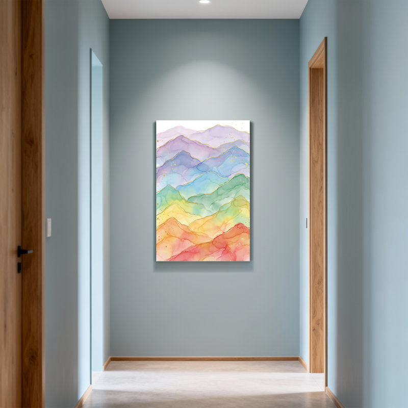 Aquarelle abstraite, montagnes arc-en-ciel avec accents dorés, H 18 po x l 12 po