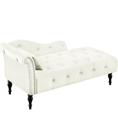 White Velvet Chaise Lounge With Enchanting Nailhead Trim, Solid Wood Legs, Buttons & Pillow - Brings To Your Space In Fascinating Pillow, Buttons, Trim Legs Transforms