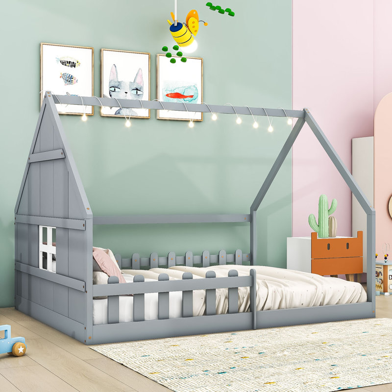 Full Wood House Bed Frame with Built-In Window, LED Light String and Fence, Gray