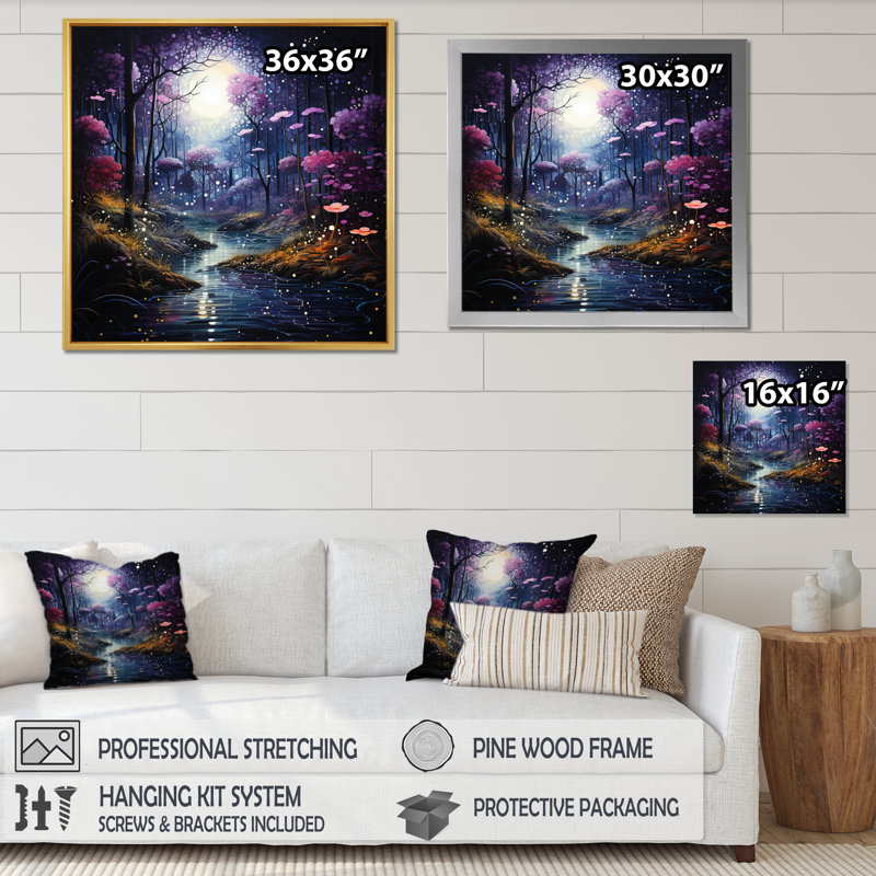 Blue Forest Mystical Whispers Pointillism - Landscapes Canvas Prints, Cadre flottant noir, H 36 po x l 36 po x P 1,5 po