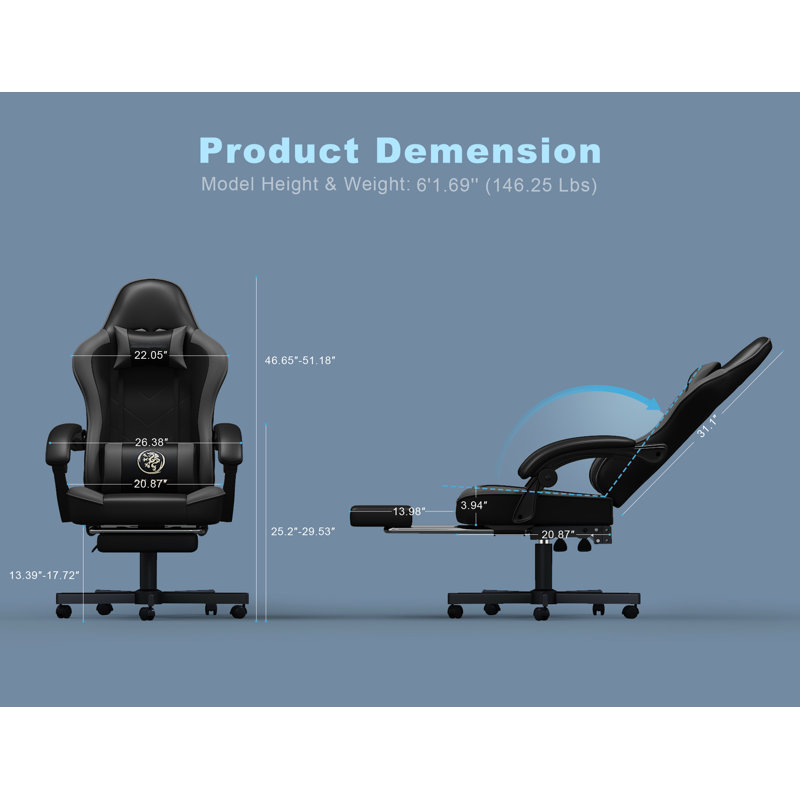 Adjustable Reclining Ergonomic Faux Leather Swiveling PC & Racing Game Chair(Set Of 2), Black/Gray