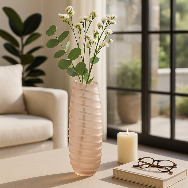 Carved Glass Home Decor Vase - Tall Modern Flower Vase With Ribbed Silhouette - Statement Vases For Floral Arrangements Accent - Ivory