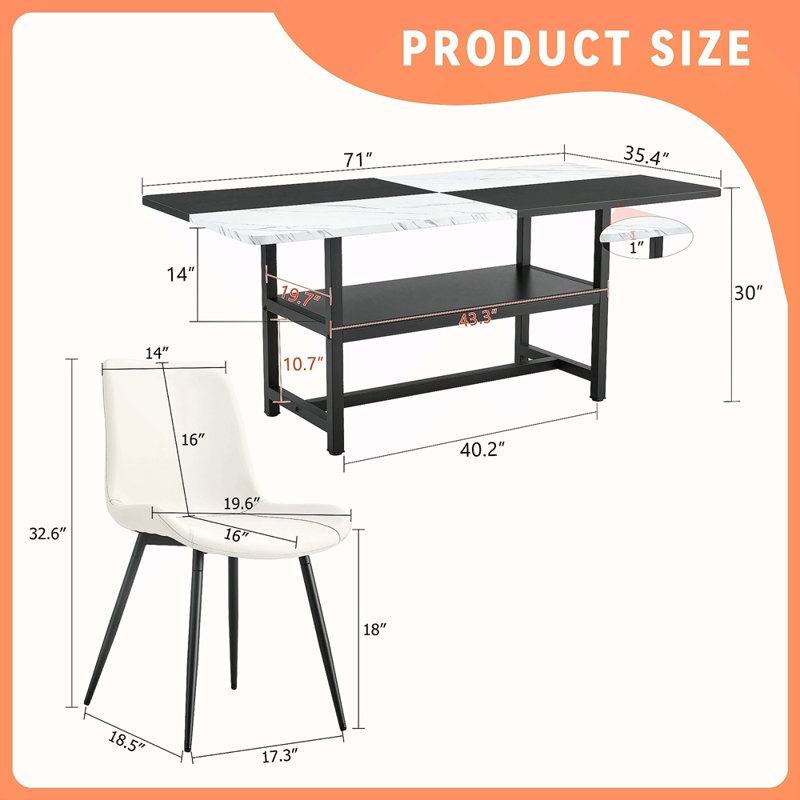 Table And Chair Set. Black Spliced Dining Table With Storage Function In The Middle Of The Table Legs.Paired With White Artificial PU Chairs With Curved Widened Cushion Design.