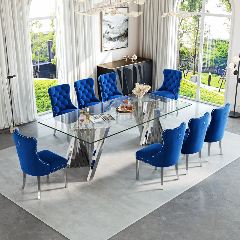 8-Person Glass Dining Set With Stainless Steel Base And Faux Leather Chairs, Silver, Blue/Silver