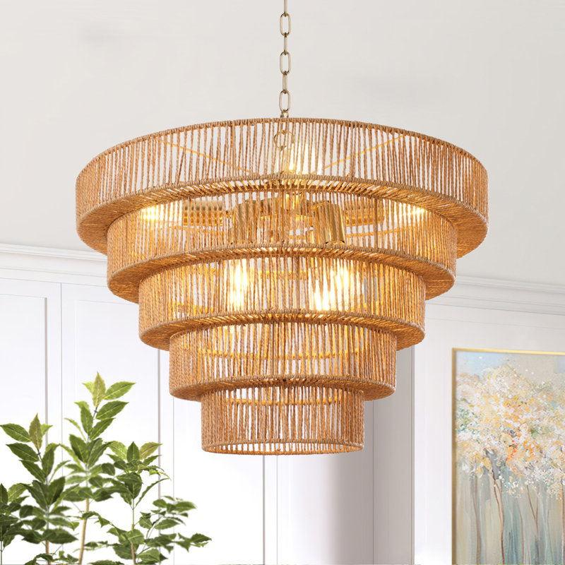 Caytlen 8-Light Dimmable Hand-Woven Rattan Tiered Chandelier, Gold