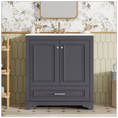 Meuble-lavabo de luxe 30 po avec lavabo en céramique, meuble-lavabo avec 2 grandes portes à fermeture douce, meuble de rangement en bois massif